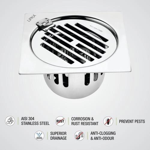 Lipka Golden Classic Jali Square Flat Cut Floor Drain (5.5 x 5.5 Inches) with Hinge and Cockroach Trap 2