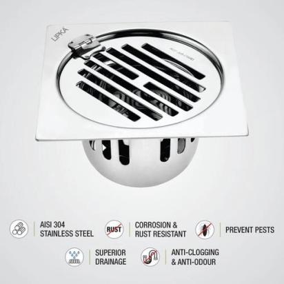 Lipka Golden Classic Jali Square Flat Cut Floor Drain (5.5 x 5.5 Inches) with Hinge and Cockroach Trap 2