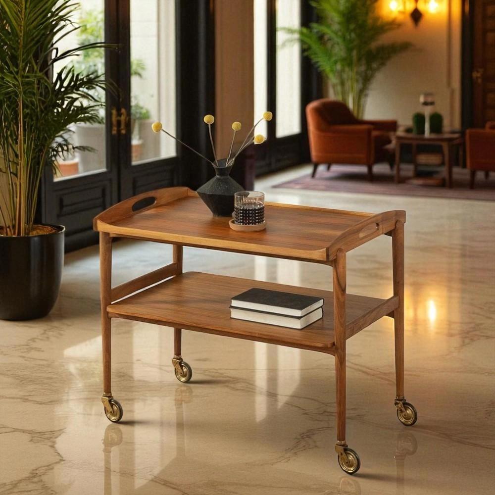 Adhunika Furnitures Premium Wooden Serving Trolley for Hotels – 2-Tier Elegant Food Cart on Wheels