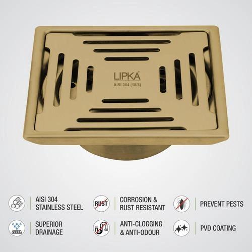 Lipka Green Exclusive Square Floor Drain in Yellow Gold PVD Coating (5 x 5 Inches) with Cockroach Trap 3