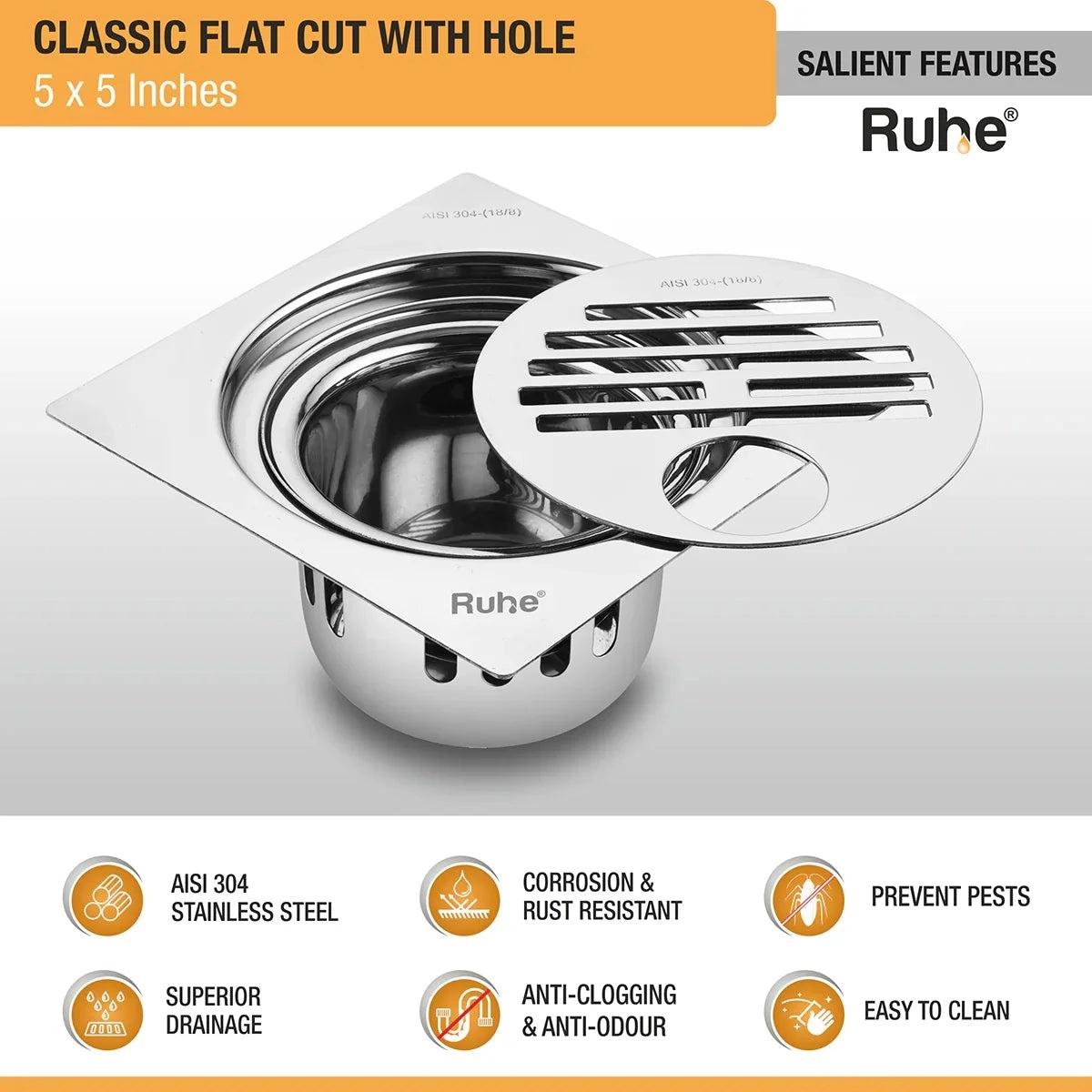 Ruhe Classic Square Flat Cut 304-Grade Floor Drain with Hole and Cockroach Trap 5 x 5 Inches 2