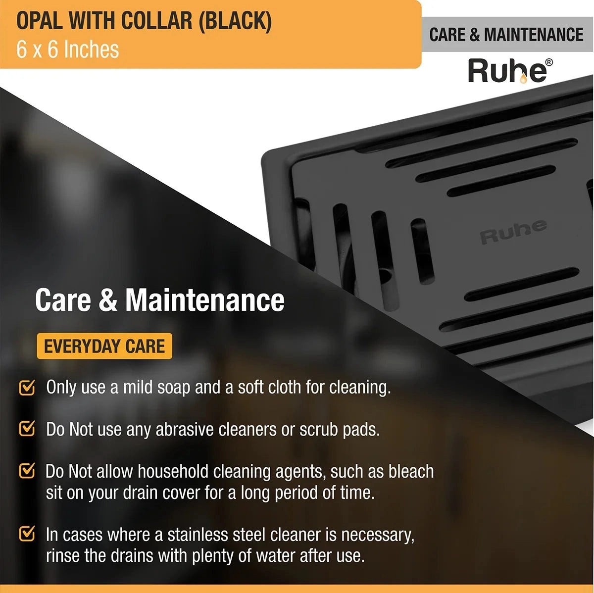 Ruhe Opal Square 304-Grade Floor Drain in Black PVD Coating 6 x 6 Inches by Ruhe : Colours available: Black 6 5
