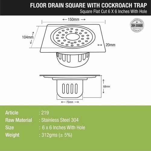 Lipka Square Flat Cut Floor Drain (6 x 6 Inches) with Hole and Cockroach Trap 1