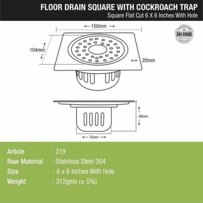 Lipka Square Flat Cut Floor Drain (6 x 6 Inches) with Hole and Cockroach Trap 1