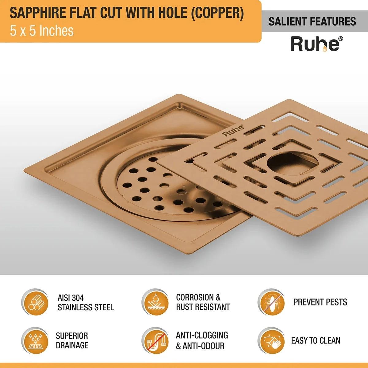 Ruhe Sapphire Square Flat Cut Floor Drain in Antique Copper PVD Coating 5 x 5 Inches with Hole 3