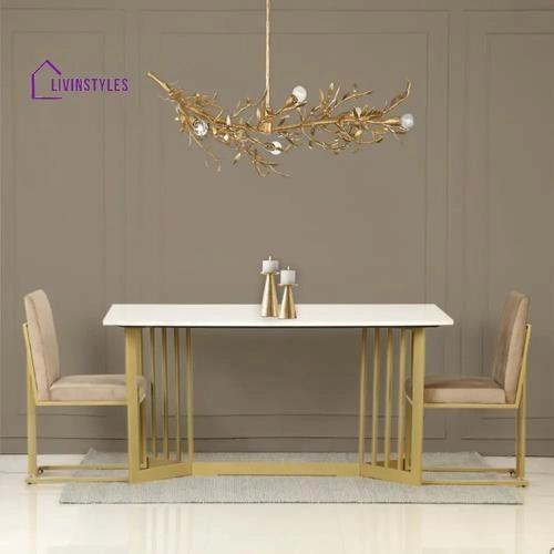 Livin styles Allen 6 Seater Marble Dining Table Set In Gold Finish - 2 Chairs + 2 Benches