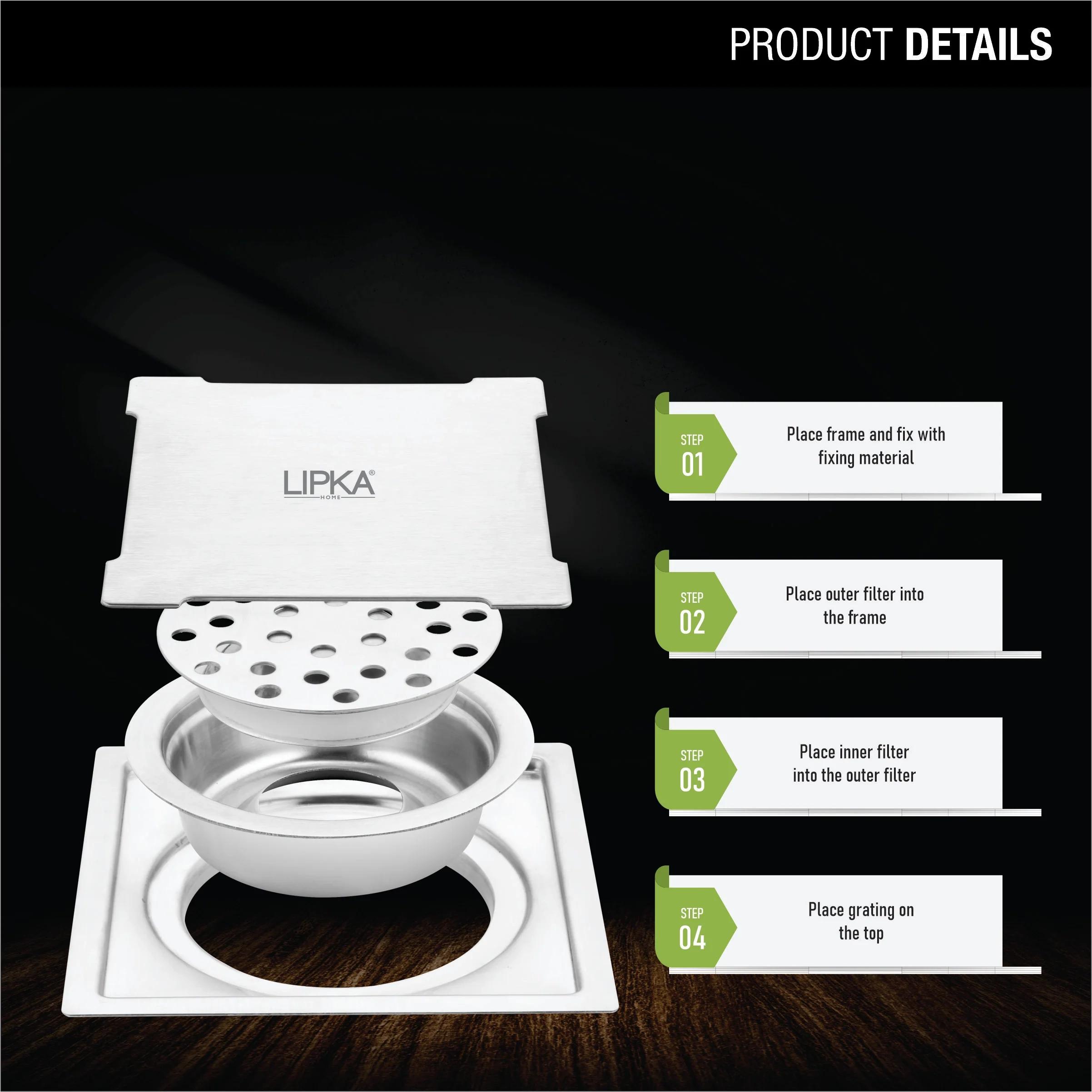 Lipka Yellow Exclusive Square Flat Cut Floor Drain (5 x 5 Inches) with Cockroach Trap - LIPKA 2