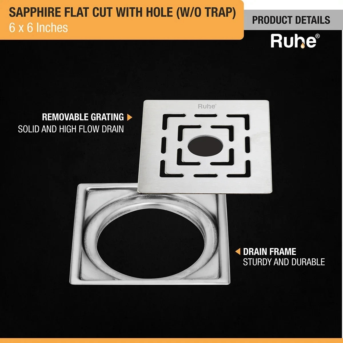 Ruhe Sapphire Square Flat Cut 304-Grade Floor Drain with Hole by Ruhe : Colours available: Silver 3 3