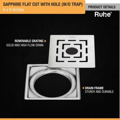 Ruhe Sapphire Square Flat Cut 304-Grade Floor Drain with Hole by Ruhe : Colours available: Silver 3 3