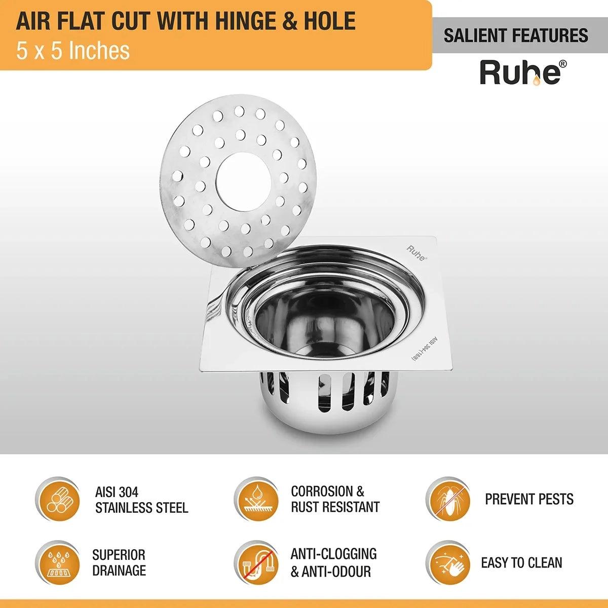 Ruhe Air Square Flat Cut 304-Grade Floor Drain with Hinge Hole and Cockroach Trap - 5 x 5 Inches 2