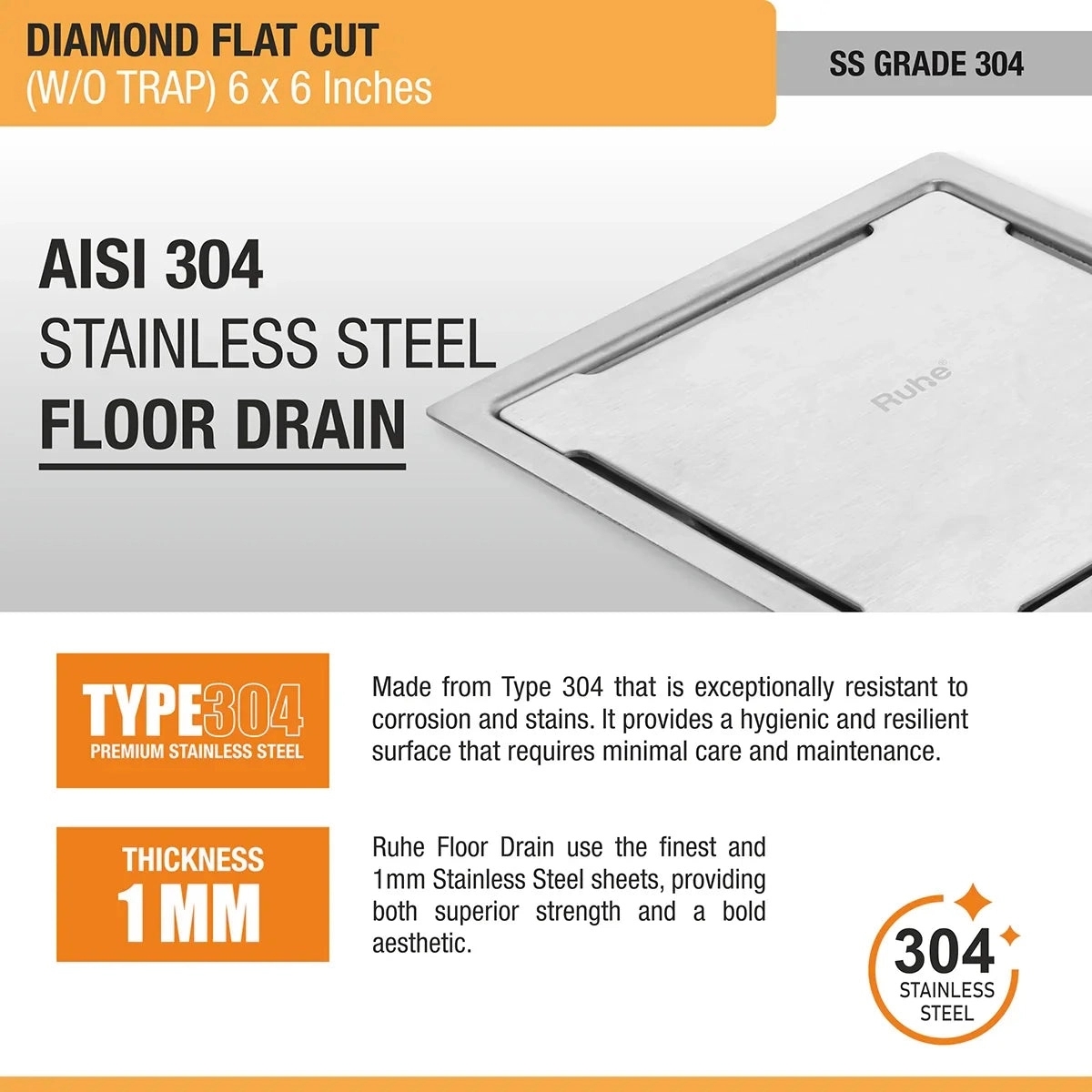 Ruhe Diamond Square Flat Cut 304 - Grade Floor Drain 6 x 6 Inches by Ruhe : Colours available: Silver 3 3