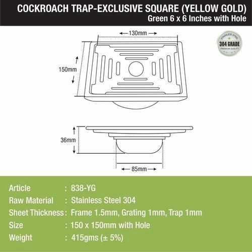 Lipka Green Exclusive Square Floor Drain in Yellow Gold PVD Coating (6 x 6 Inches) with Hole & Cockroach Trap 1