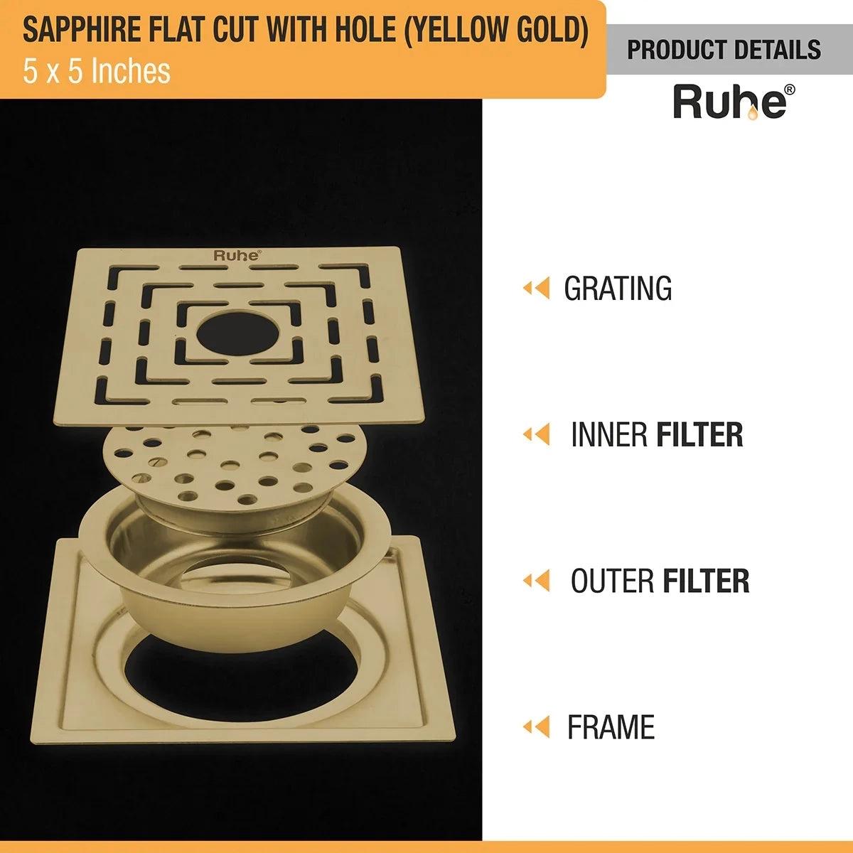 Ruhe Sapphire Square Flat Cut Floor Drain In Yellow Gold PVD Coating - 5 x 5 Inches With Hole 2