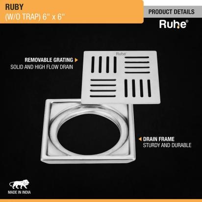Ruhe Ruby Square 304 Grade Floor Drain 6 x 6 Inches by Ruhe : Colours available: Silver 5 3