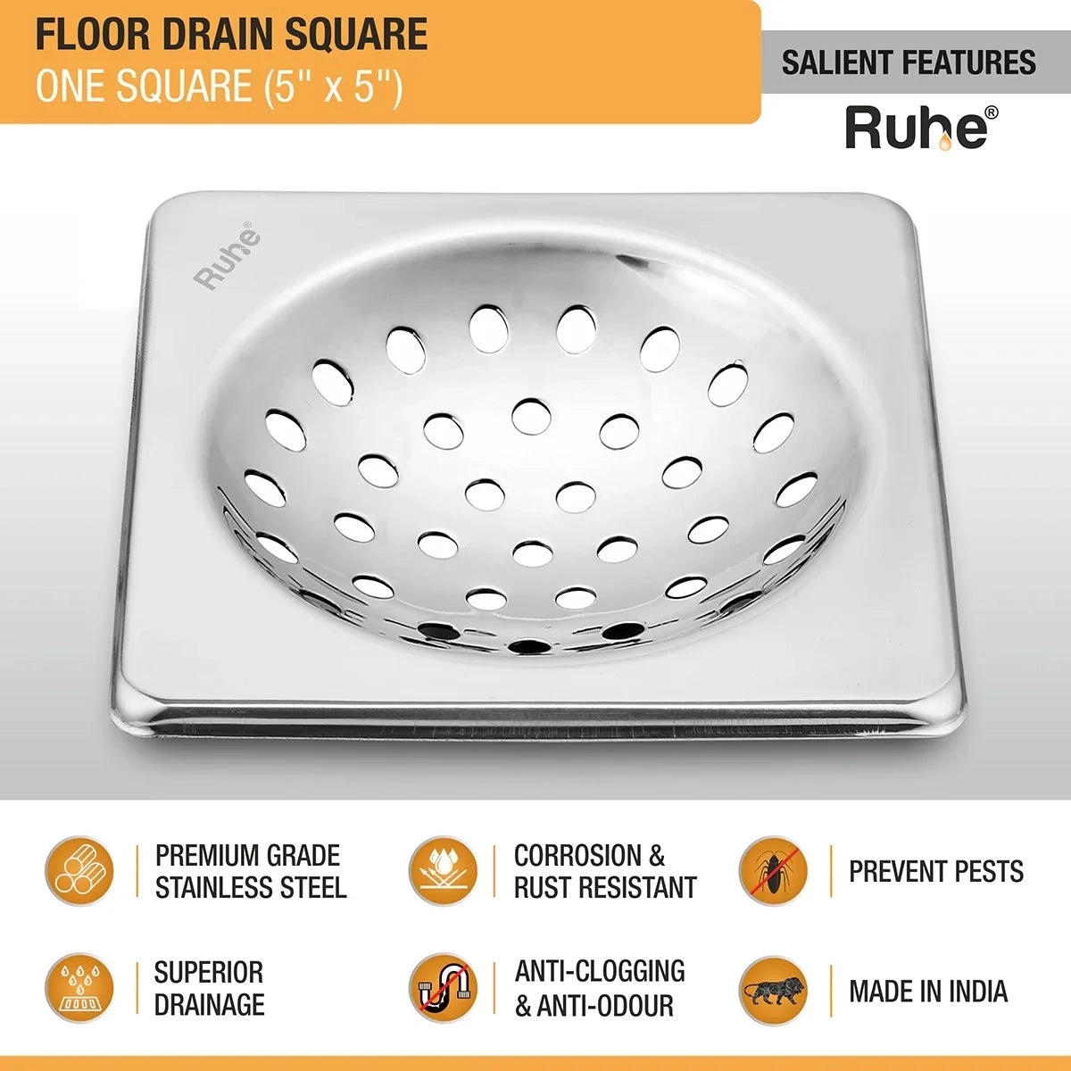 Ruhe One Square with Collar Floor Drain 5 x 5 inches by Ruhe : Colours available: Silver 1 2