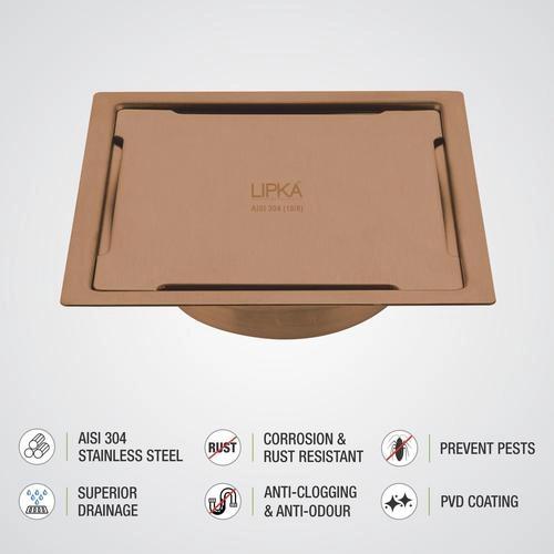 Lipka Yellow Exclusive Square Flat Cut Floor Drain in Antique Copper PVD Coating (6 x 6 Inches) with Cockroach Trap 3