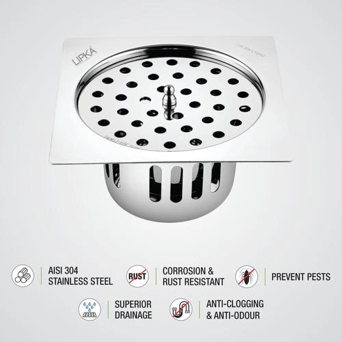 Lipka Square Flat Cut Floor Drain (6 x 6 Inches) with Lid and Cockroach Trap 3