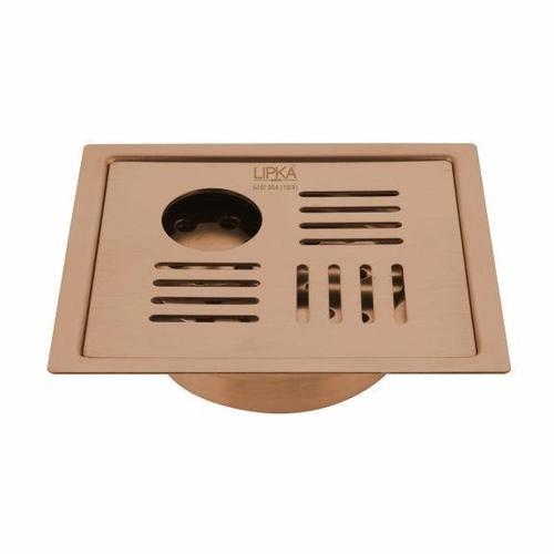 Lipka Pink Exclusive Square Flat Cut Floor Drain in Antique Copper PVD Coating (5 x 5 Inches) with Hole & Cockroach Trap