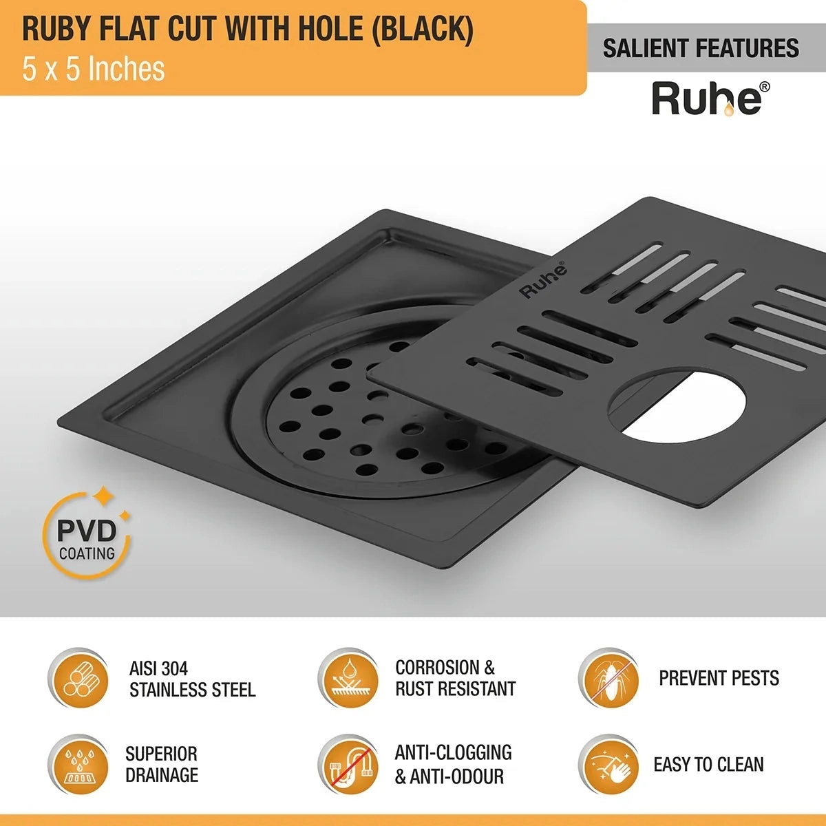 Ruhe Ruby Square Flat Cut Floor Drain in Black PVD Coating with Hole - 5 x 5 inches by Ruhe : Colours available: Black 5 3