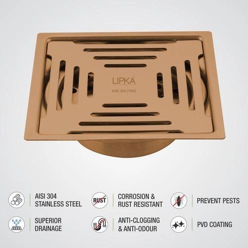 Lipka Green Exclusive Square Flat Cut Floor Drain in Antique Copper PVD Coating (6 x 6 Inches) with Cockroach Trap 3