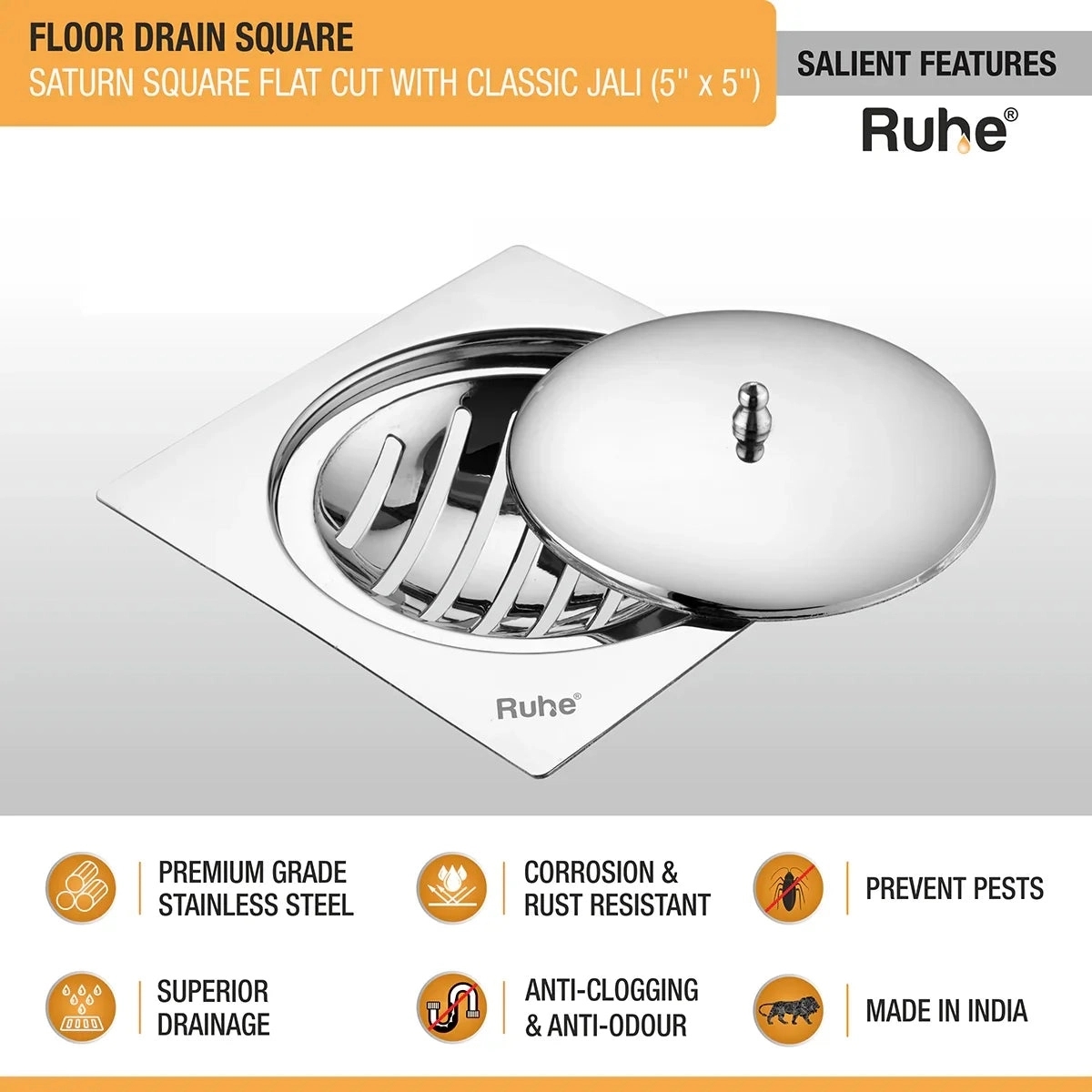 Ruhe Saturn Classic Jali Square Flat Cut Floor Drain 5 x 5 Inches With Lid by Ruhe : Colours available: Silver 1 2