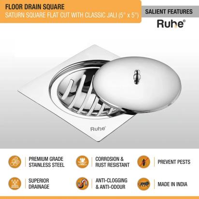 Ruhe Saturn Classic Jali Square Flat Cut Floor Drain 5 x 5 Inches With Lid by Ruhe : Colours available: Silver 1 2