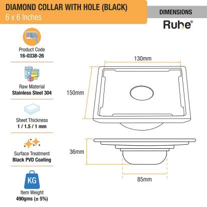 Ruhe Diamond Square 304-Grade Floor Drain in Black PVD Coating with Hole by Ruhe : Colours available: Black 4 1