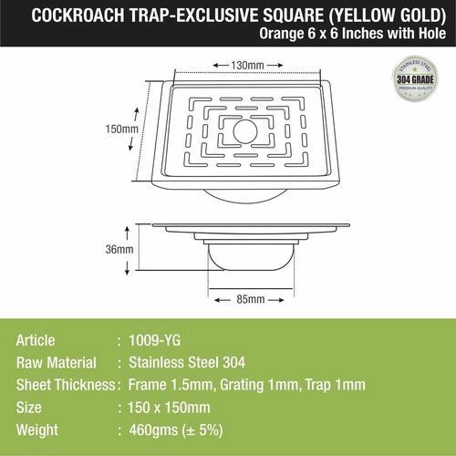 Lipka Orange Exclusive Square Floor Drain in Yellow Gold PVD Coating (6 x 6 Inches) with Hole & Cockroach Trap 1