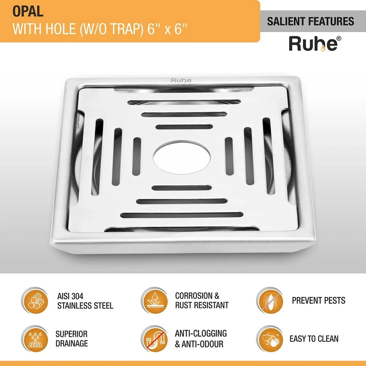 Ruhe Opal Square 304-Grade Floor Drain with Hole 6 x 6 Inches by Ruhe : Colours available: Silver 3 2