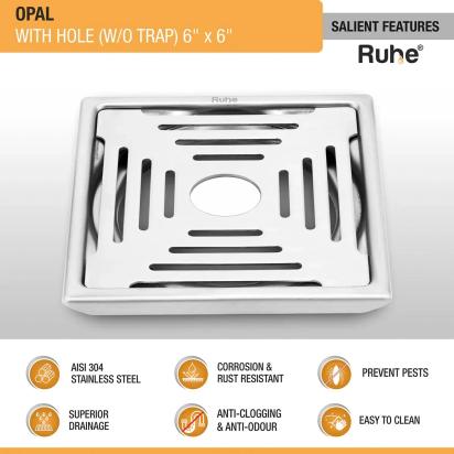 Ruhe Opal Square 304-Grade Floor Drain with Hole 6 x 6 Inches by Ruhe : Colours available: Silver 3 2