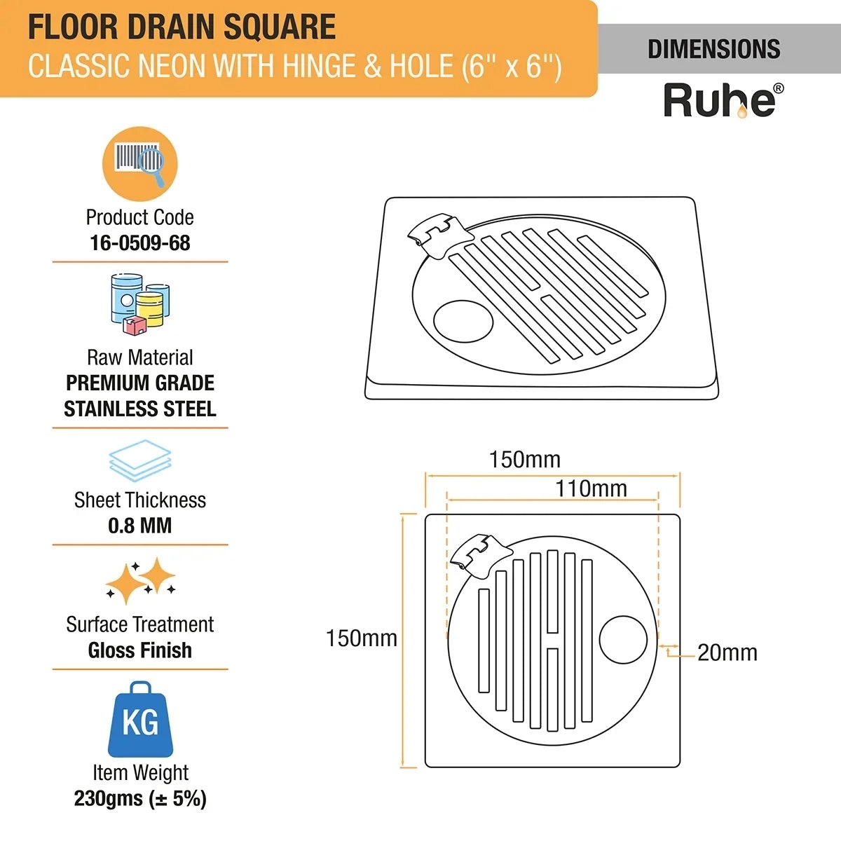 Ruhe Classic Neon Square Floor Drain 6 x 6 Inches With Hole And Hinged Grating Top by Ruhe : Colours available: Silver 4 1