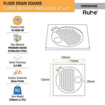Ruhe Classic Neon Square Floor Drain 6 x 6 Inches With Hole And Hinged Grating Top by Ruhe : Colours available: Silver 4 1