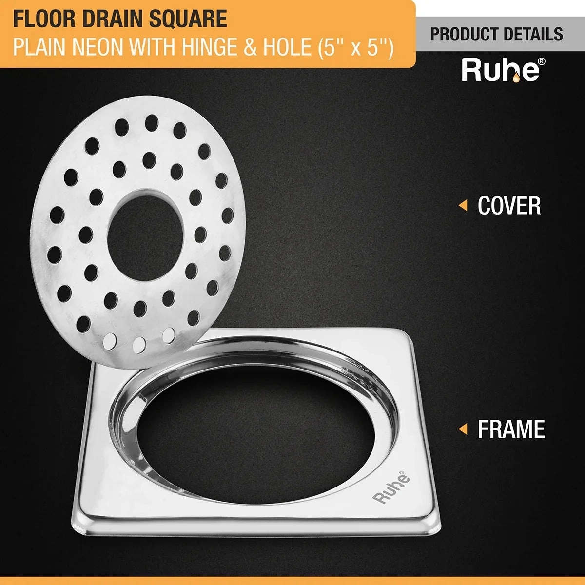 Ruhe Plain Neon Square Floor Drain 5 x 5 Inches With Hole and Hinged Grating Top by Ruhe : Colours available: Silver 3 3