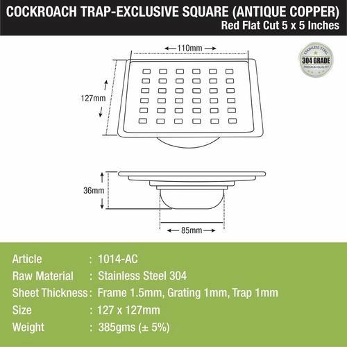 Lipka Red Exclusive Square Flat Cut Floor Drain in Antique Copper PVD Coating (5 x 5 Inches) with Cockroach Trap 1