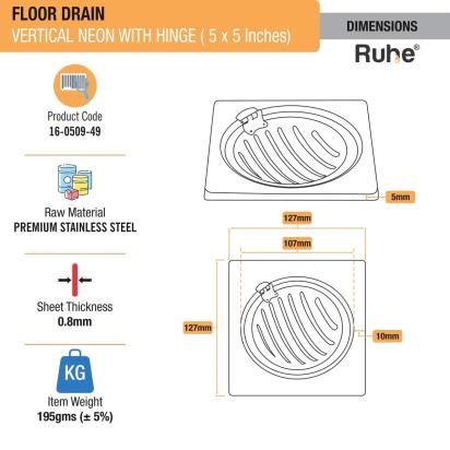 Ruhe Vertical Neon Square Floor Drain 5 x 5 Inches With Hinge by Ruhe : Colours available: Silver 3 1