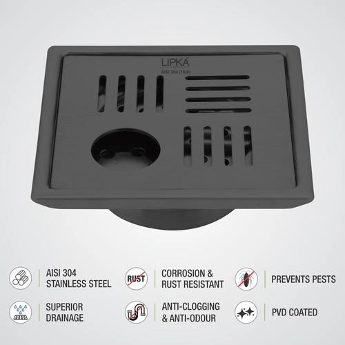 Lipka Pink Exclusive Square Floor Drain in Black PVD Coating (5 x 5 Inches) with Hole & Cockroach Trap 3