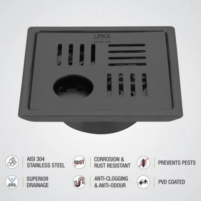 Lipka Pink Exclusive Square Floor Drain in Black PVD Coating (5 x 5 Inches) with Hole & Cockroach Trap 3