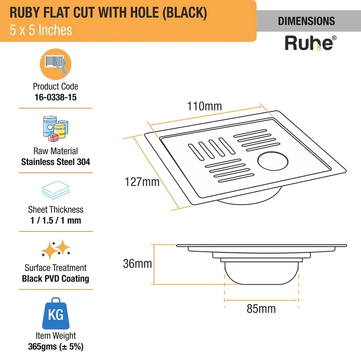 Ruhe Ruby Square Flat Cut Floor Drain in Black PVD Coating with Hole - 5 x 5 inches by Ruhe : Colours available: Black 2 1