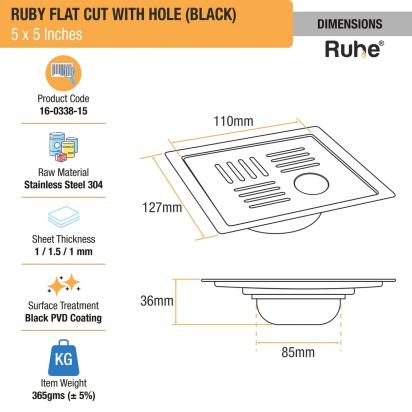 Ruhe Ruby Square Flat Cut Floor Drain in Black PVD Coating with Hole - 5 x 5 inches by Ruhe : Colours available: Black 2 1