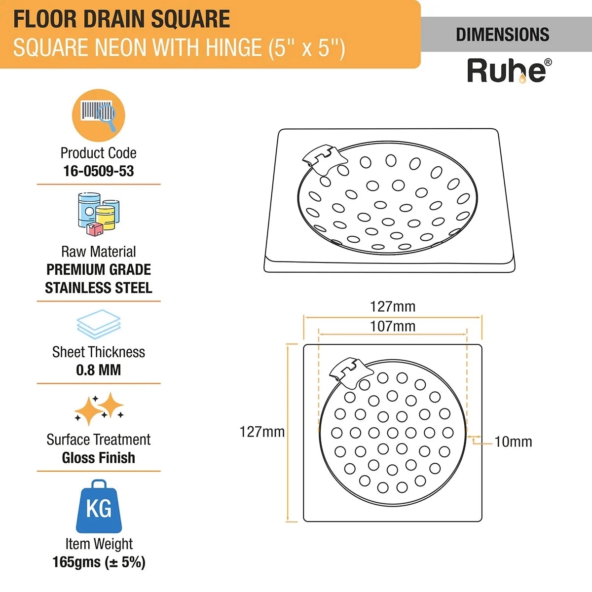 Ruhe Square Neon Floor Drain - 5 x 5 Inches With Hinged Grating Top by Ruhe : Colours available: Silver 2 1
