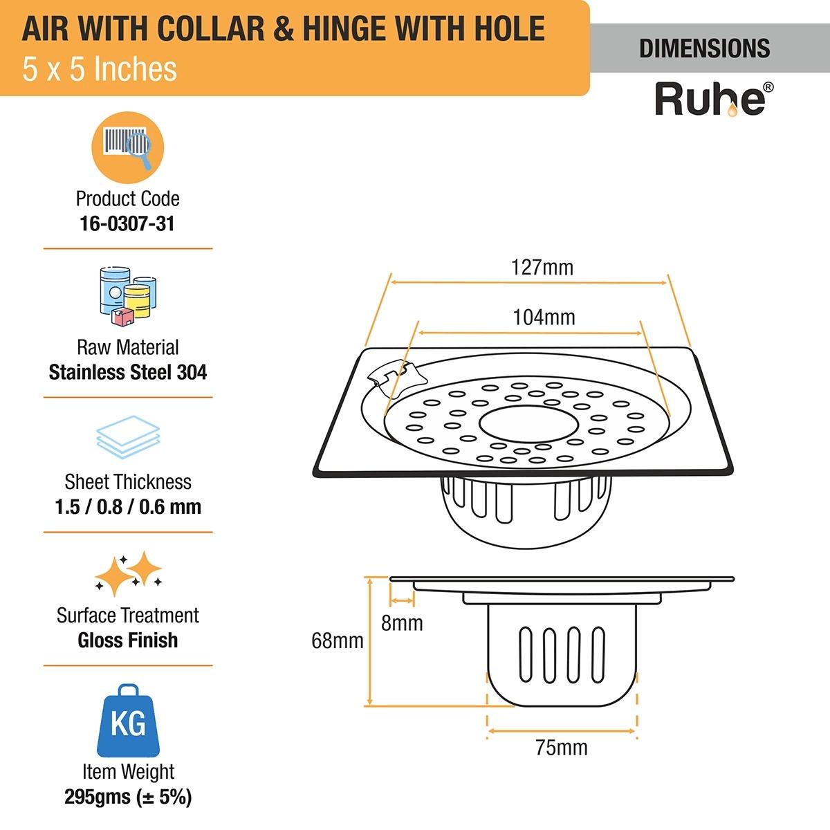 Ruhe Air Square 304-Grade Floor Drain with Collar Hinge Hole and Cockroach Trap - 5 x 5 Inches 1