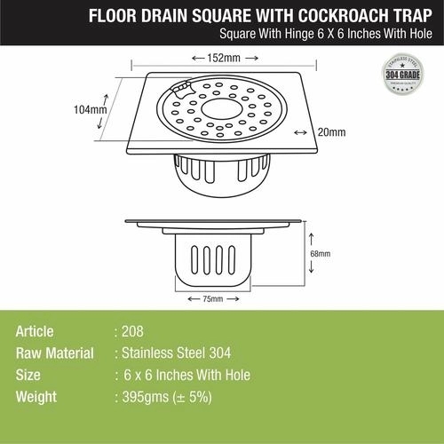Lipka Square Floor Drain (6 x 6 Inches) with Hinge, Hole and Cockroach Trap 1