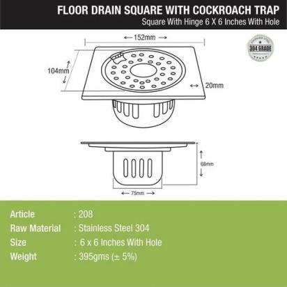 Lipka Square Floor Drain (6 x 6 Inches) with Hinge, Hole and Cockroach Trap 1