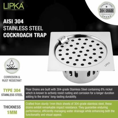 Lipka Square Flat Cut Floor Drain (6 x 6 Inches) with Hinge and Cockroach Trap 3