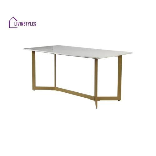 Livin styles Allen 6 Seater Marble Dining Table Set In Gold Finish - 2 Chairs + 2 Benches 4