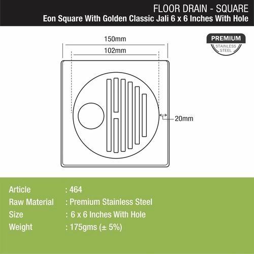 Lipka Eon Square Floor Drain with Golden Classic Jali and Hole (6 x 6 Inches) 1