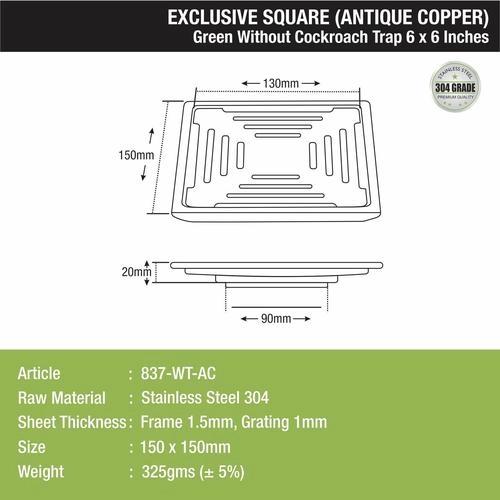 Lipka Green Exclusive Square Floor Drain in Antique Copper PVD Coating (6 x 6 Inches) 1