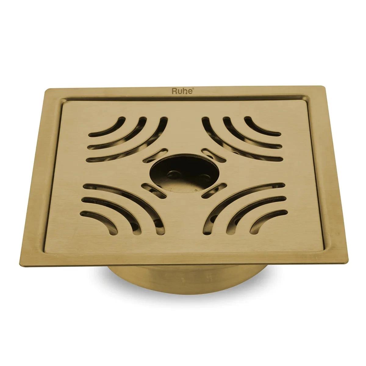 Ruhe Emerald Square Flat Cut Floor Drain In Yellow Gold PVD Coating - 6 x 6 Inches With Hole