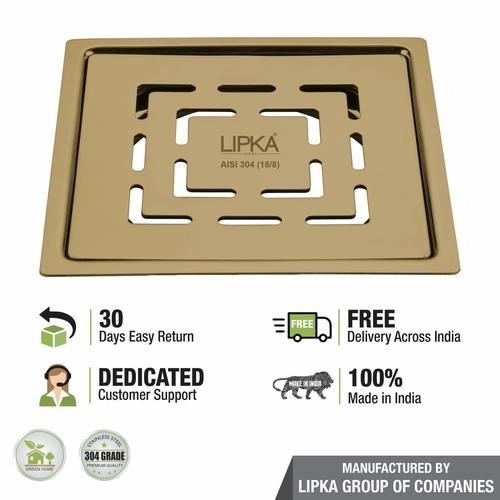 Lipka Orange Exclusive Square Flat Cut Floor Drain in Yellow Gold PVD Coating (5 x 5 Inches) 3