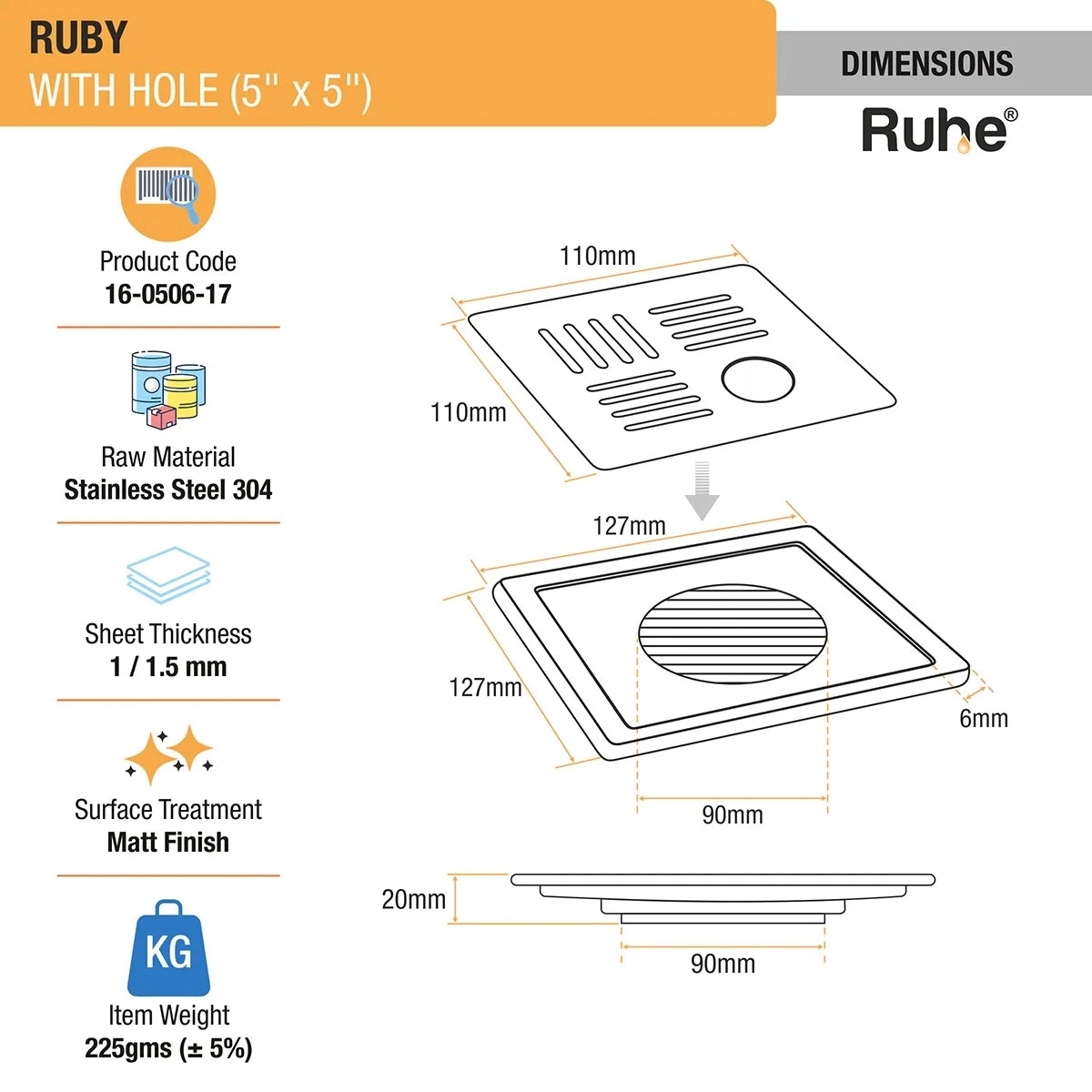 Ruhe Ruby Square 304 Grade Floor Drain With Hole 5 x 5 Inches by Ruhe : Colours available: Silver 2 1